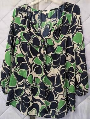 Charter Club Women's Green & Blue Floral Long Sleeve Top XL